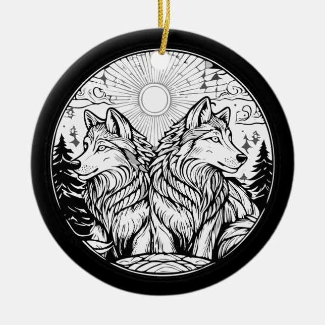 Two wolves ceramic ornament (Front)