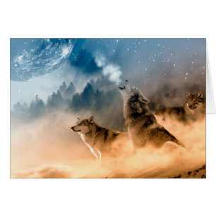 Two wolves howl at the full moon in forest
