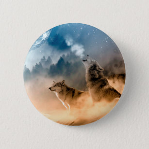 Two wolves howl at the full moon in forest 2 inch round button