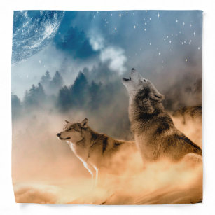Two wolves howl at the full moon in forest bandana