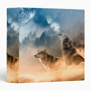 Two wolves howl at the full moon in forest binder