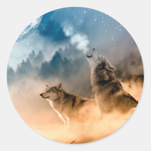 Two wolves howl at the full moon in forest classic round sticker