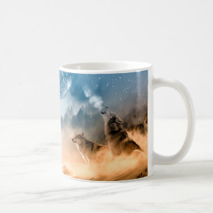 Two wolves howl at the full moon in forest coffee mug
