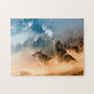 Two wolves howl at the full moon in forest jigsaw puzzle
