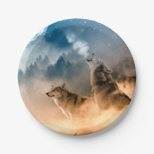 Two wolves howl at the full moon in forest paper plate
