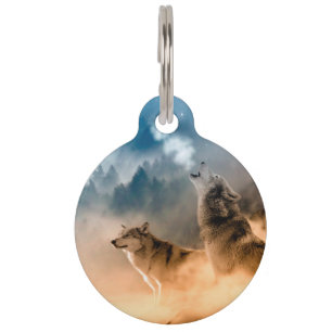 Two wolves howl at the full moon in forest pet tag