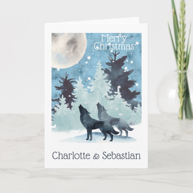 Two Wolves Howling At A Winter Moon Christmas Card (Front)