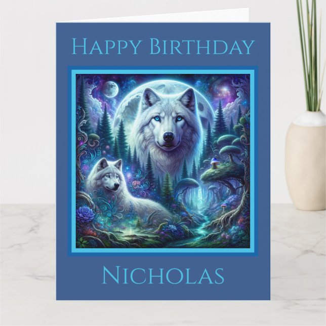 Two Wolves in a Fantasy World Birthday Card (Front)