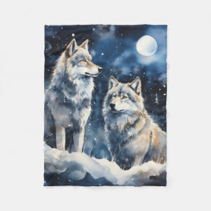 Two Wolves in Winter Fleece Blanket