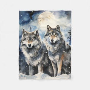 Two Wolves in Winter Fleece Blanket