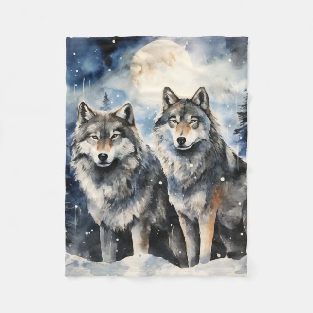 Two Wolves in Winter Fleece Blanket (Front)