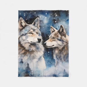 Two Wolves in Winter Fleece Blanket
