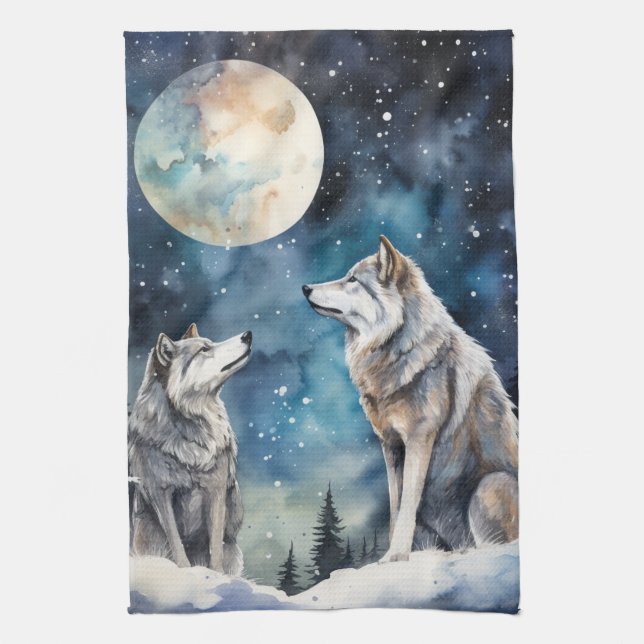 Two Wolves in Winter Kitchen Towel (Vertical)