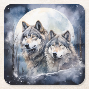 Two Wolves in Winter Square Paper Coaster