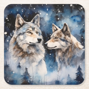 Two Wolves in Winter Square Paper Coaster
