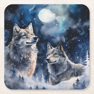 Two Wolves in Winter Square Paper Coaster