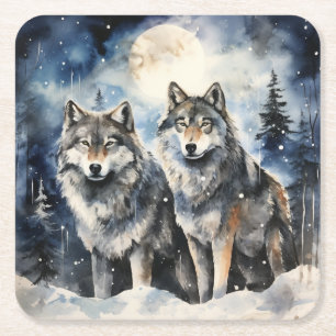 Two Wolves in Winter Square Paper Coaster