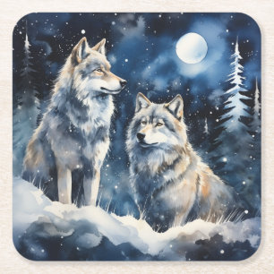 Two Wolves in Winter Square Paper Coaster