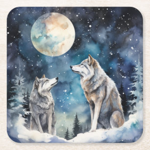 Two Wolves in Winter Square Paper Coaster