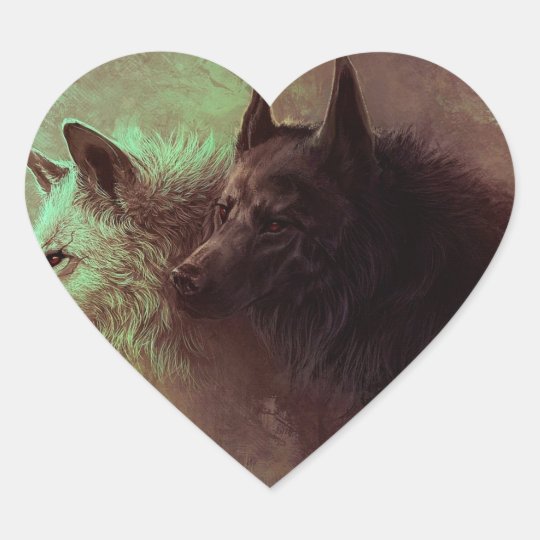 two wolves - painting wolf heart sticker