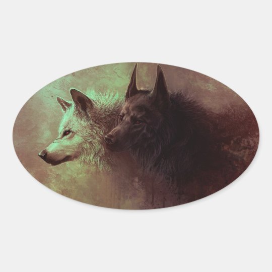 two wolves - painting wolf oval sticker