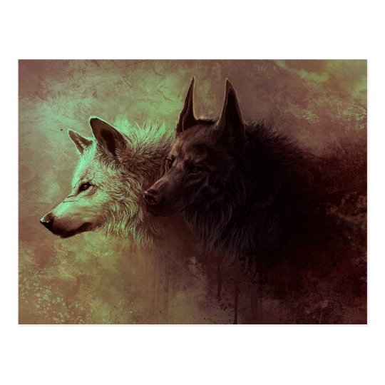 two wolves - painting wolf postcard