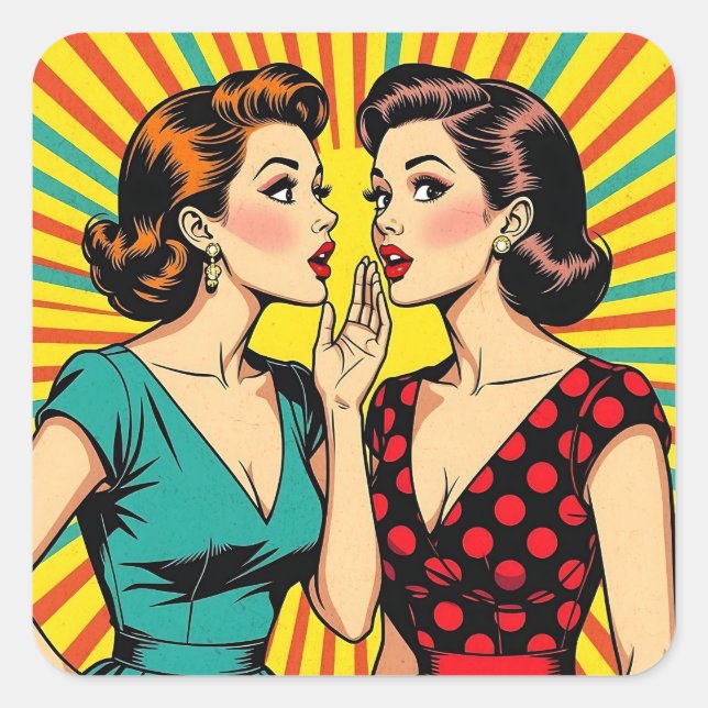 Two Woman Gossiping Telling Secrets Pop Art Square Sticker (Front)