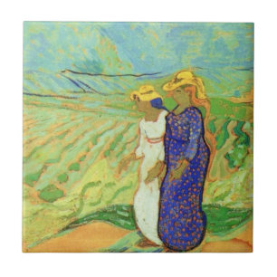 Two Women Crossing the Fields by Vincent van Gogh Tile