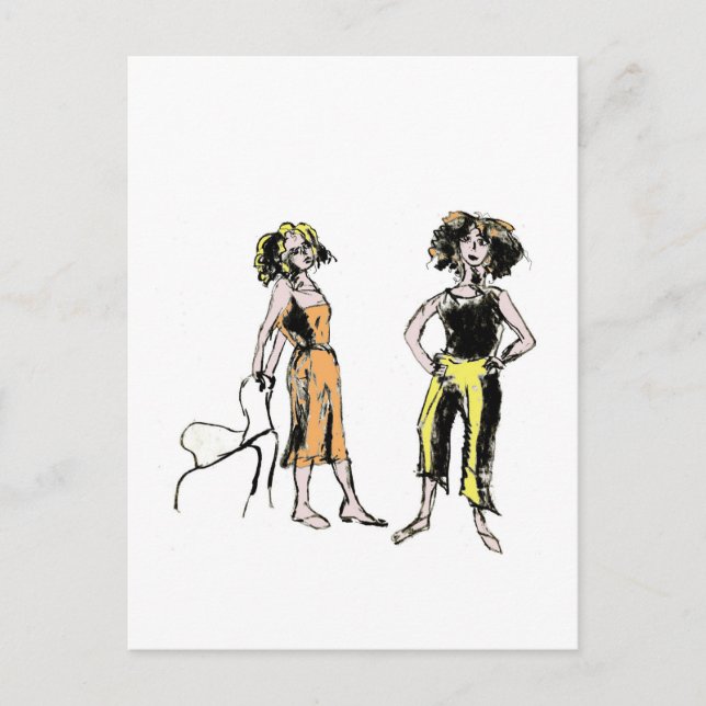 Two women depicted with curly hair  postcard (Front)