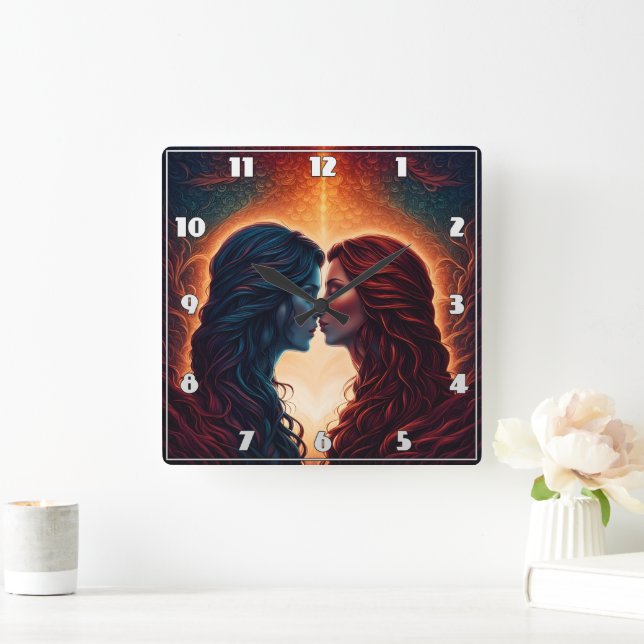 Two Women Embrace in Fiery Background Square Wall Clock (Home)