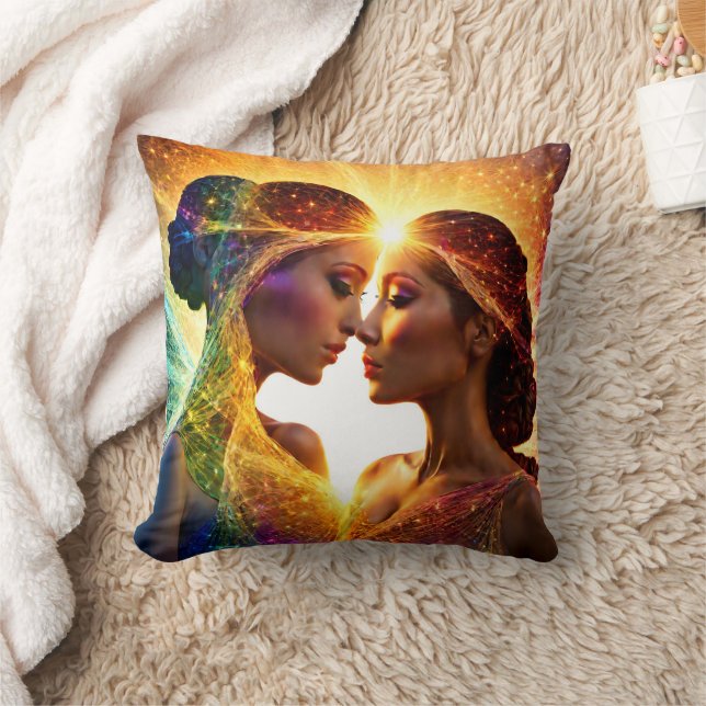 Two Women Embrace With Colourful Energy Aura Throw Pillow (Blanket)