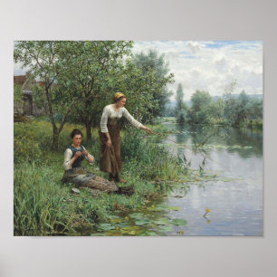 Two Women Fishing on the Grass by the River Poster