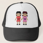 Two Women Holding Hands Emoji Trucker Hat<br><div class="desc">Two women holding hands, most likely due to being in a relationship, or these women may be best friends. One woman wears a red dress, the other is wearing a pink dress. Also known as Lesbian Emoji, Lesbian Couple Emoji, Best Friends Emoji and Girls Holding Hands Emoji. INSTAGRAM GIVEAWAY POST...</div>