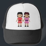 Two Women Holding Hands Emoji Trucker Hat<br><div class="desc">Two women holding hands, most likely due to being in a relationship, or these women may be best friends. One woman wears a red dress, the other is wearing a pink dress. Also known as Lesbian Emoji, Lesbian Couple Emoji, Best Friends Emoji and Girls Holding Hands Emoji. INSTAGRAM GIVEAWAY POST...</div>