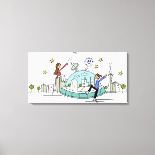 Two women sitting on top of a city canvas print