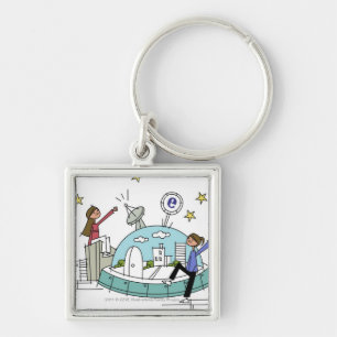 Two women sitting on top of a city keychain