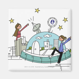 Two women sitting on top of a city magnet
