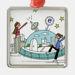 Two women sitting on top of a city metal ornament