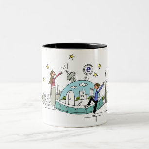 Two women sitting on top of a city Two-Tone coffee mug