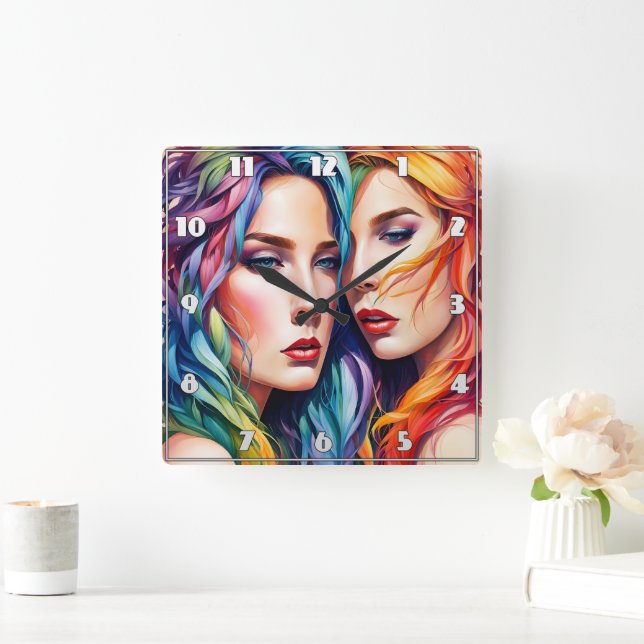 Two Women With Colourful Hair and Bold Expressions Square Wall Clock (Home)