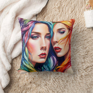 Two Women With Colourful Hair and Bold Expressions Throw Pillow