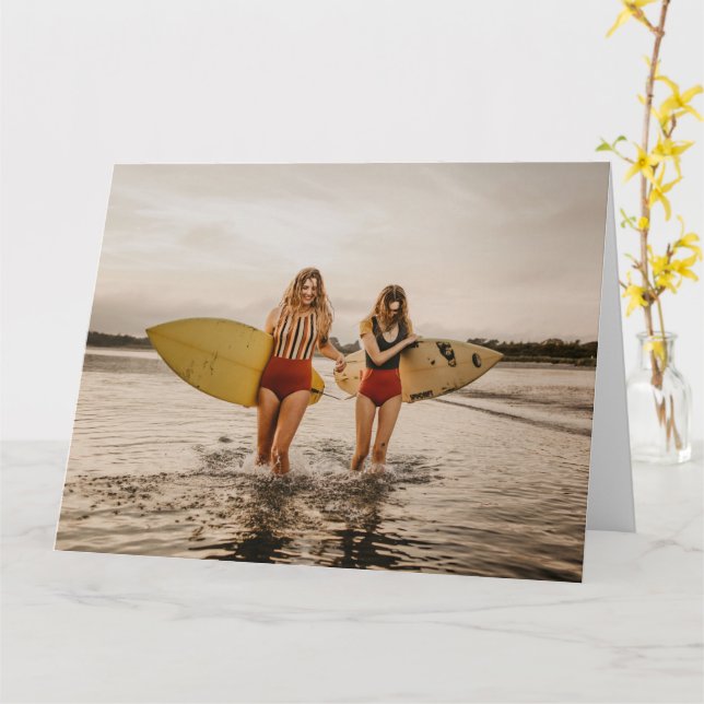 two womens with surfboard greeting card (Yellow Flower)