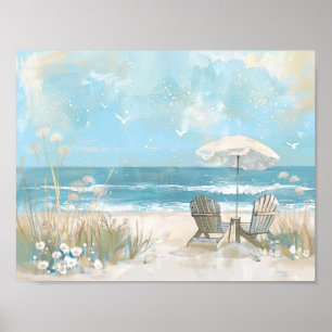 two wooden chairs and a parasol on a beach poster