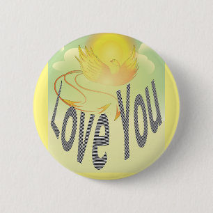 Two Words—Love You. On Flaming Yellow Phoenix Bird 2 Inch Round Button