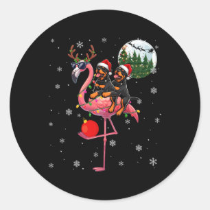 Two Xmas Rottweilers Riding Flamingo Reindeer Sung Classic Round Sticker