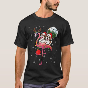 Two Xmas Shih Tzus Riding Flamingo Reindeer Sungle T-Shirt