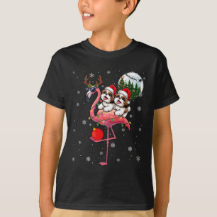 Two Xmas Shih Tzus Riding Flamingo Reindeer Sungle T-Shirt