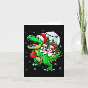 Two Xmas Shih Tzus Riding T-rex Reindeer Lover Kid Card