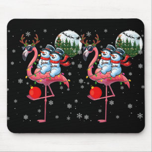 Two Xmas Snowmen Riding Flamingo Reindeer Sungles Mouse Pad