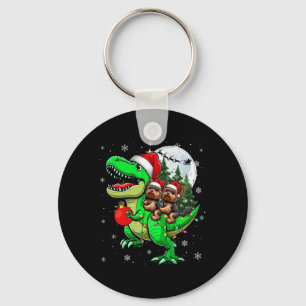 Two Xmas Yorkshire Terriers Riding T-rex Reindeer  Keychain
